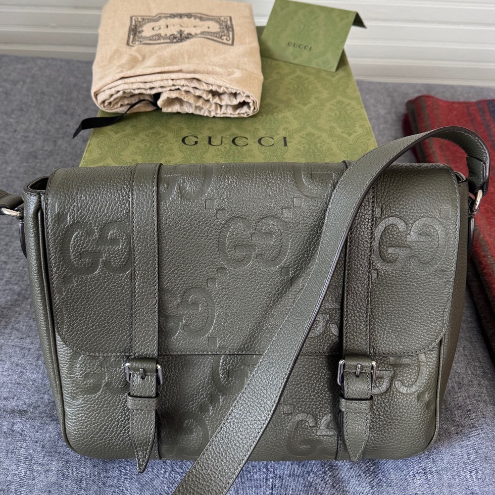 Gucci Jumbo GG Leather Messenger Bag Olive – Full Set + Receipt